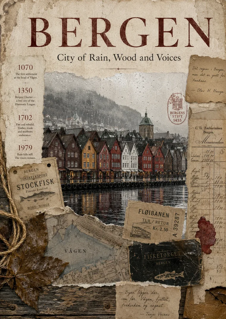 Bergen — Collage mit Bryggen im Regen, Stockfisch-Etikett und Archivkarten