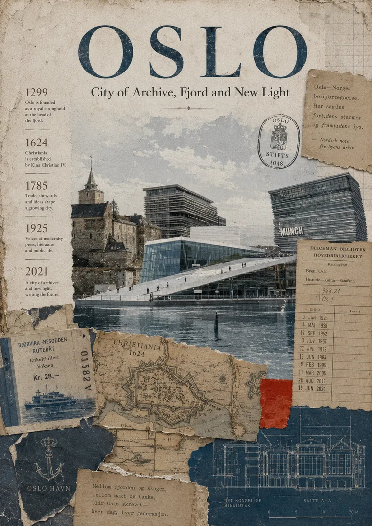 Oslo — Collage mit Opernhaus, MUNCH, Akershus und Archivkarten