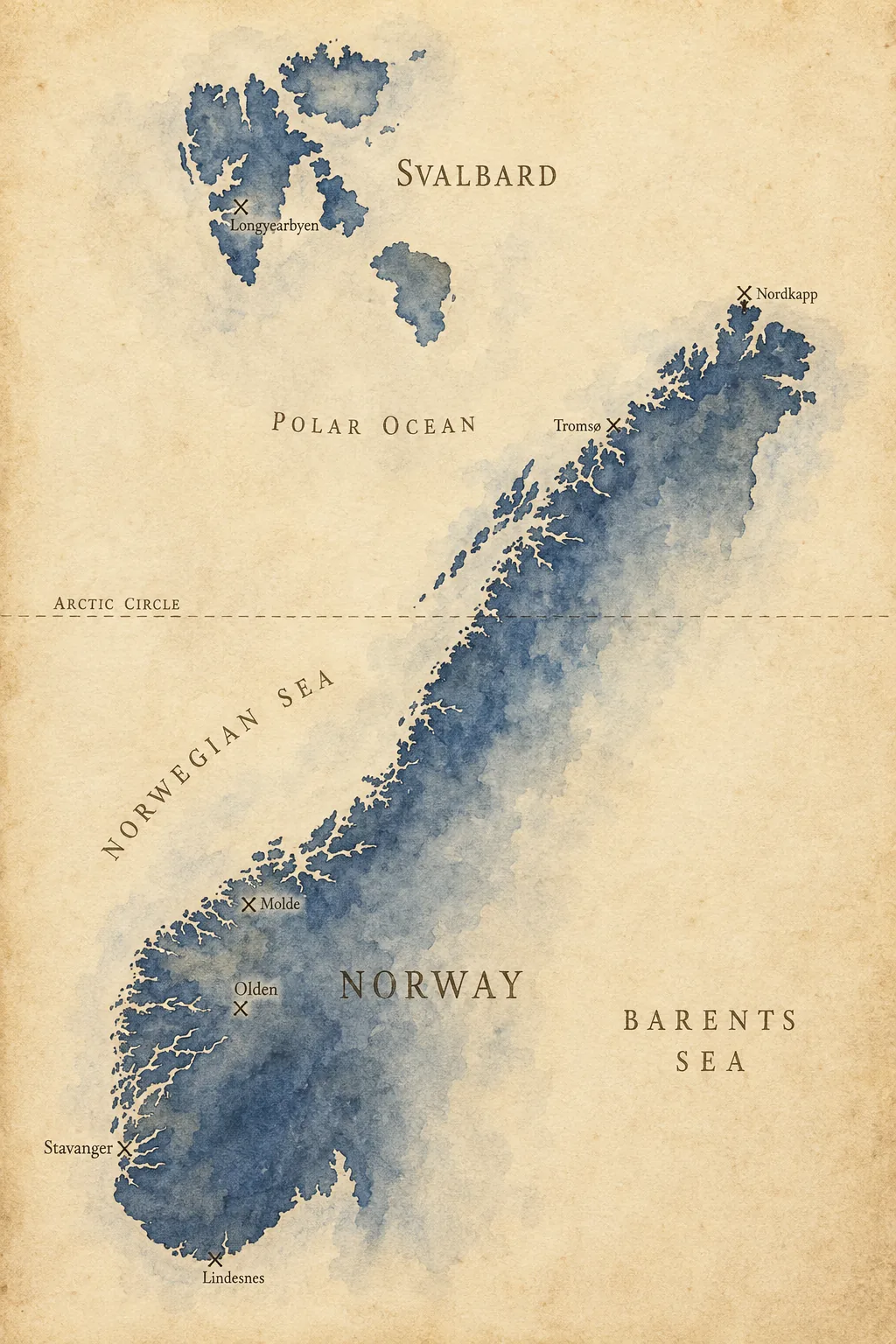 Karte der Nordroute von Westnorwegen über Nordkap bis Spitzbergen mit Fjorden und arktischem Meer.
