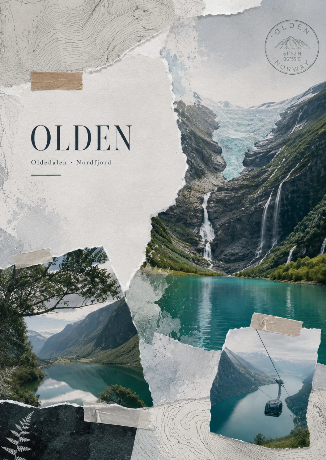 Olden / Loen — Scrapbook-Cover mit Fjordtal, Gletscher und Stahlseil-Spur