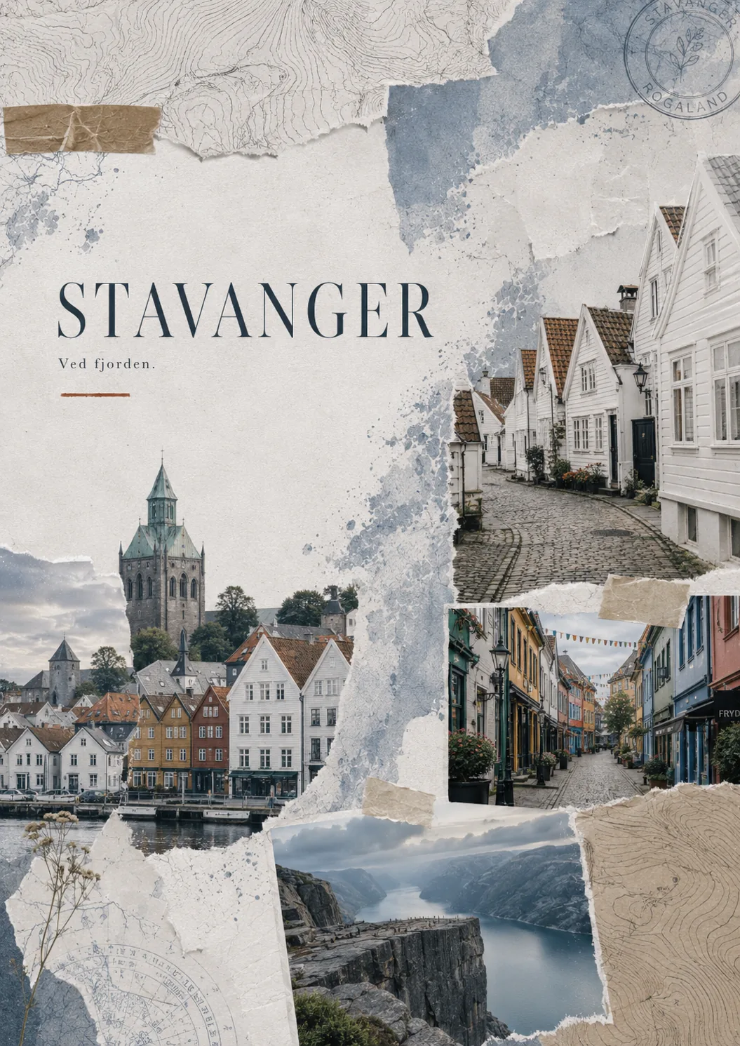 Stavanger — Scrapbook-Cover mit Gamle Stavanger, Hafenruhe und Holzhäusern